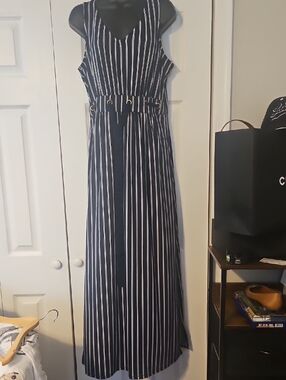 Wrapper Navy and White Vertical Stripe Maxi Dress with Waist Belt